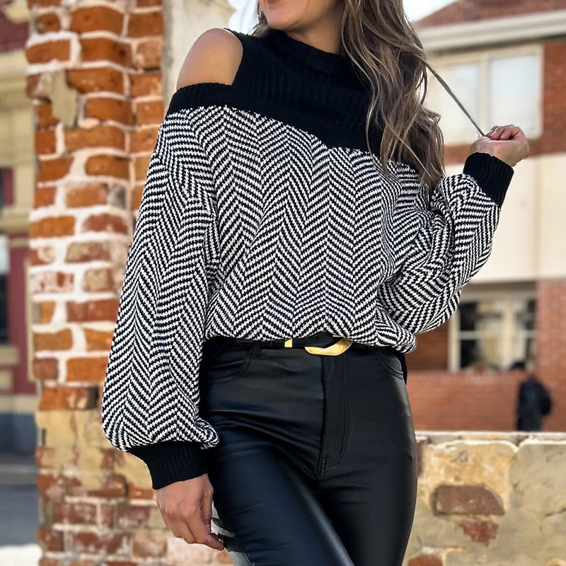 Women autumn and winter knitting half-high collar striped sweater 4