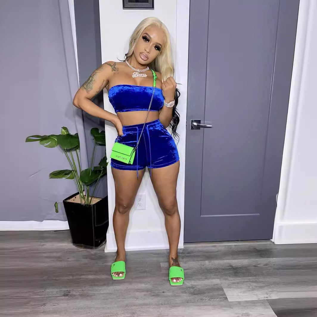 Women's Spring And Summer Style Slim-Fitting Strapless Velvet Crop Top Shorts Two-Piece Set