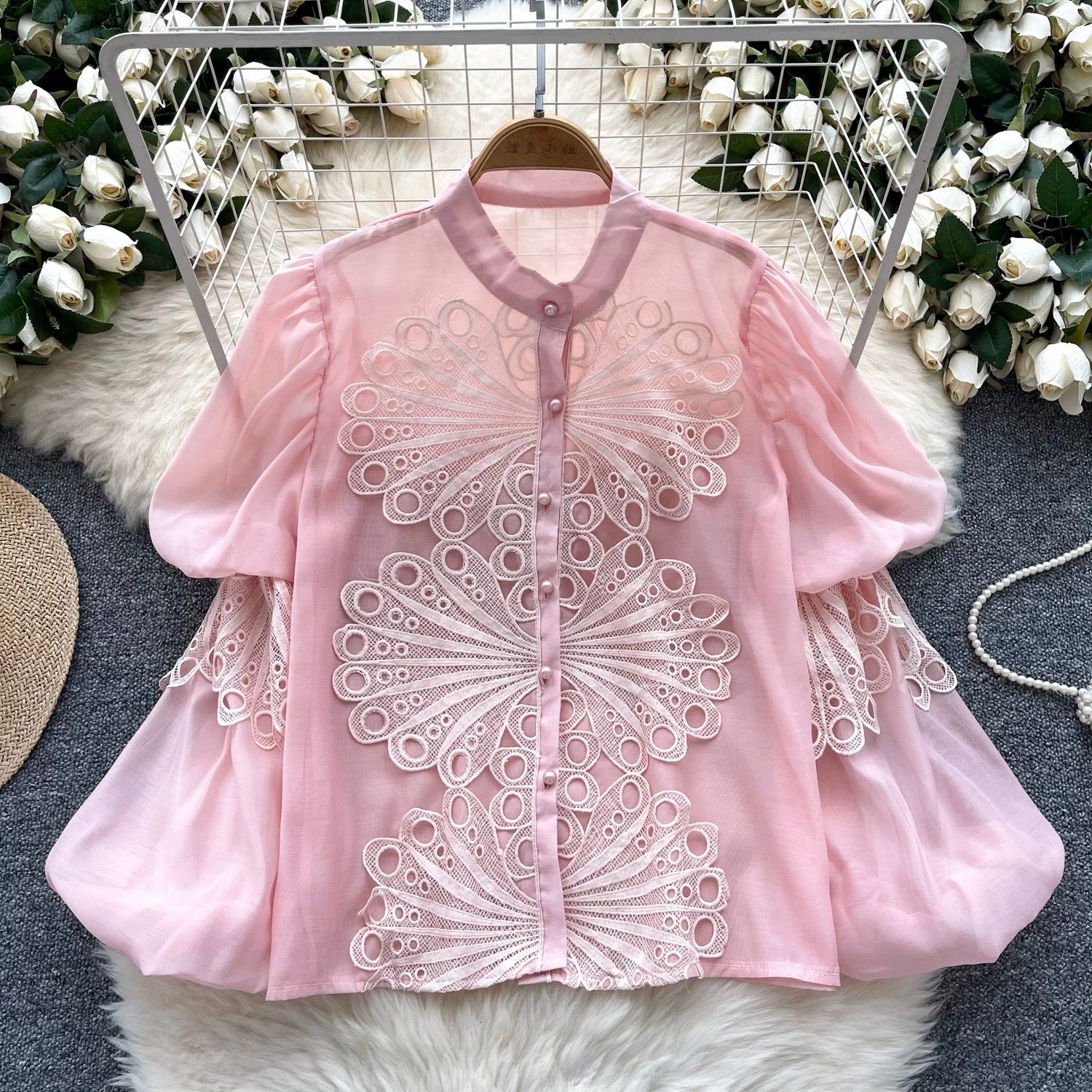 Women Stand Collar Lantern Sleeve Embroidered Openwork Lace Crop Top 7