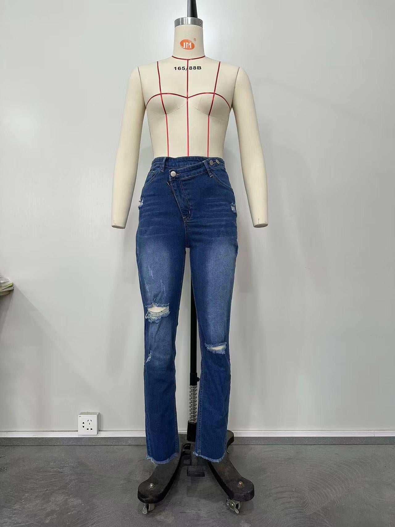 Women Ripped Diagonal Zip Denim Pants 13