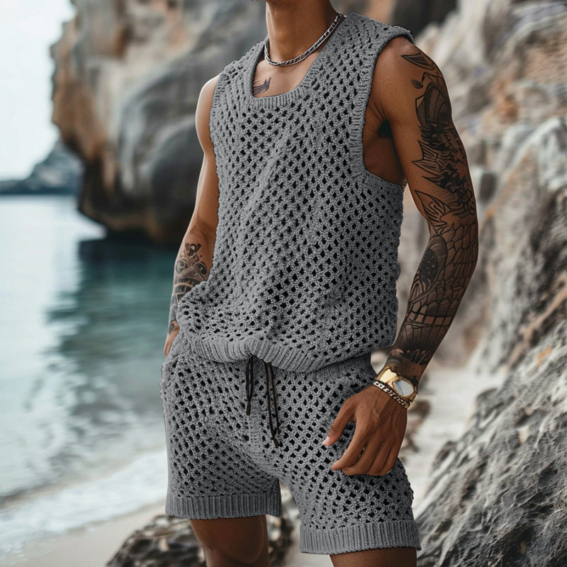 Summer Casual Sleeveless Men's Crochet Tank Top Shorts Two Piece Set 5