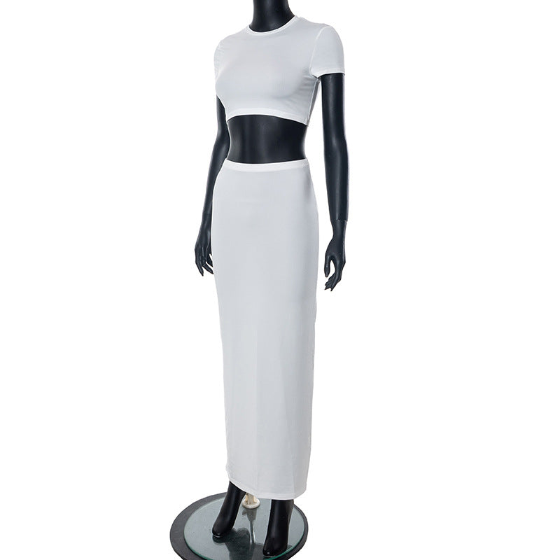 Women's Spring Solid Short Sleeve Crop Two Piece Skirt Set 44