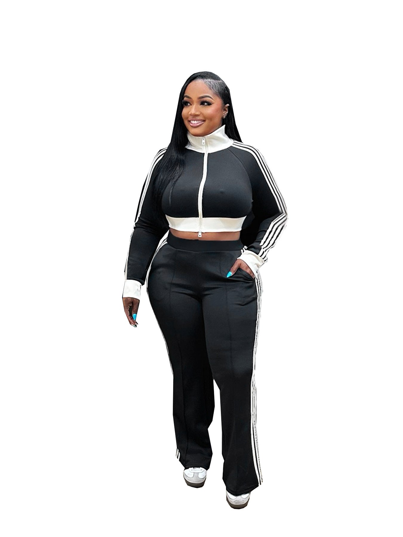 Women Casual contrast color zipper long-sleeved Crop Top and Pants two-piece set 12