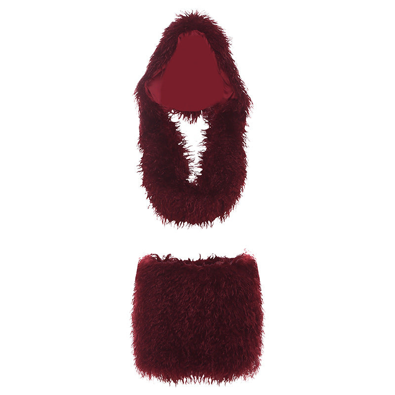 Women Fall Backless Hooded Top and Skirt Two-Piece Set 7