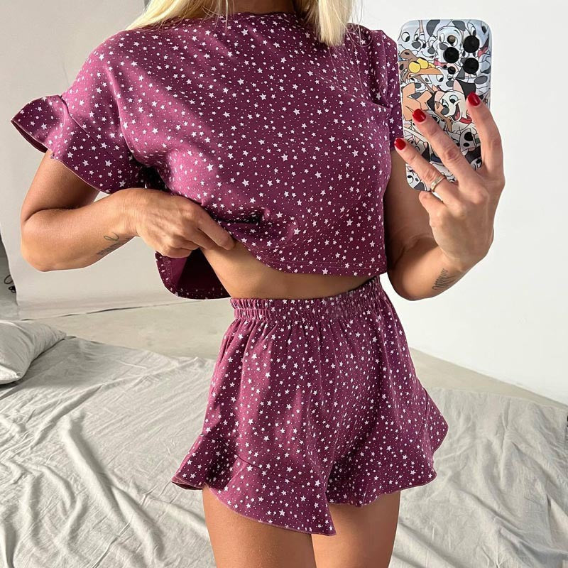 Spring/Summer Fashion Loose and Comfortable Ruffled Star-Print Short Sleeve Shorts Pajamas Women's Home Clothes Set 6