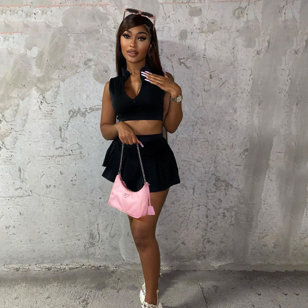 Solid Vest Pleated Skirt Sexy Casual Set 12