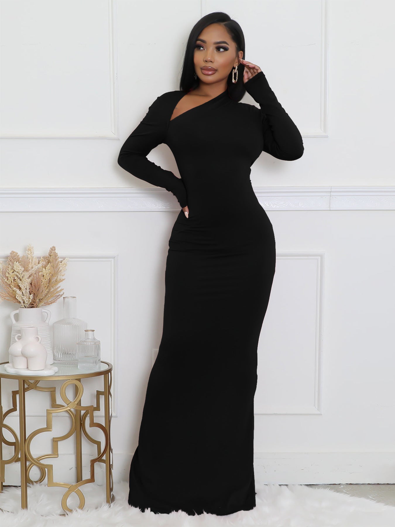Women Solid Long-Sleeve Slash Shoulder Fishtail Bodycon Dress 15
