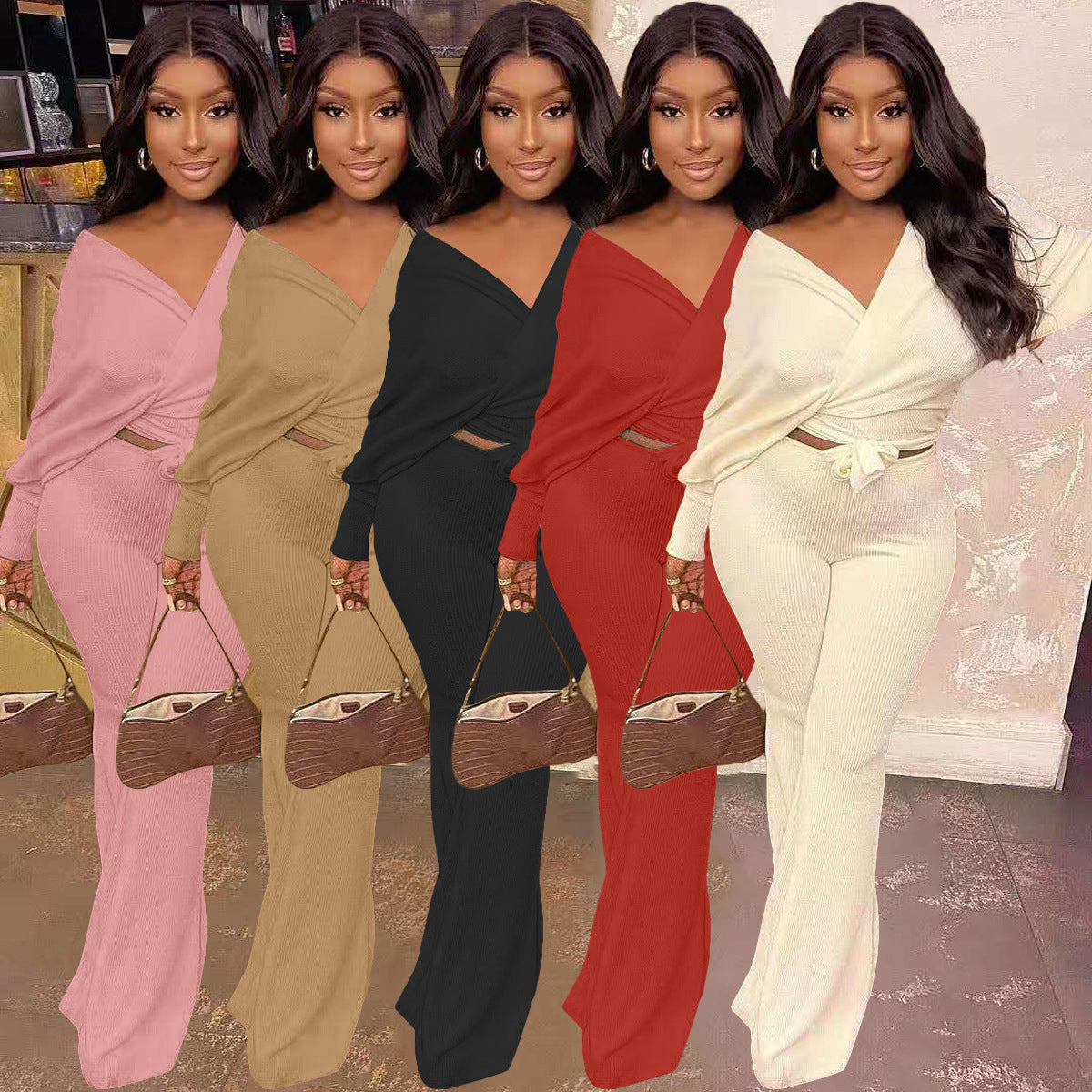 Fashionable Casual Solid Ribbed Loose-Cut Style Tie Bow Two Piece Set 16