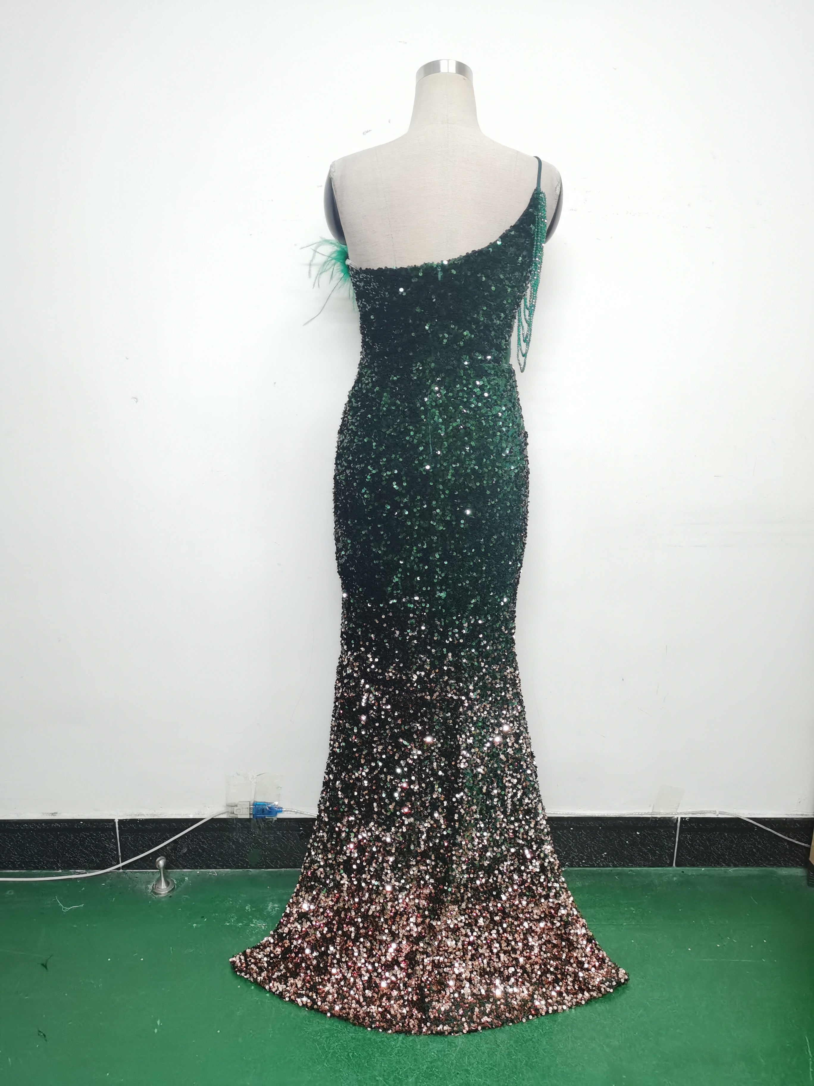 Women Ostrich Feather Beaded Sequin One Shoulder Slash Shoulder Slit Evening Dress 22