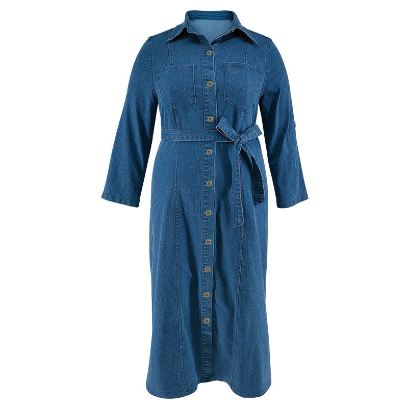 Plus Size Women Denim Turndown Collar Long Sleeve Lace-Up Maxi Dress 6