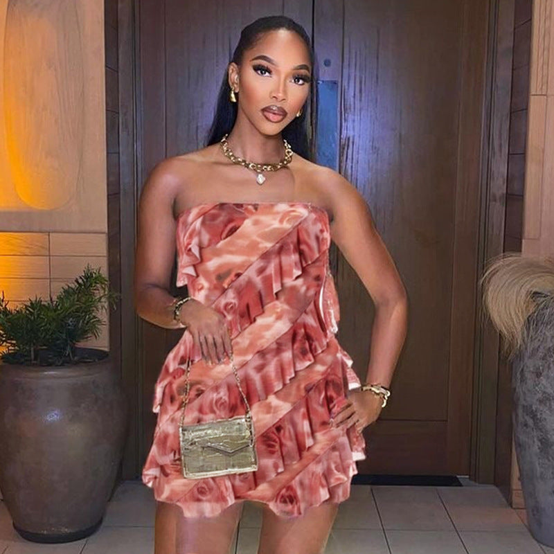 Women's Spring/Summer Flounce Mesh Strapless Mini Rose Print Bodycon Dress 9