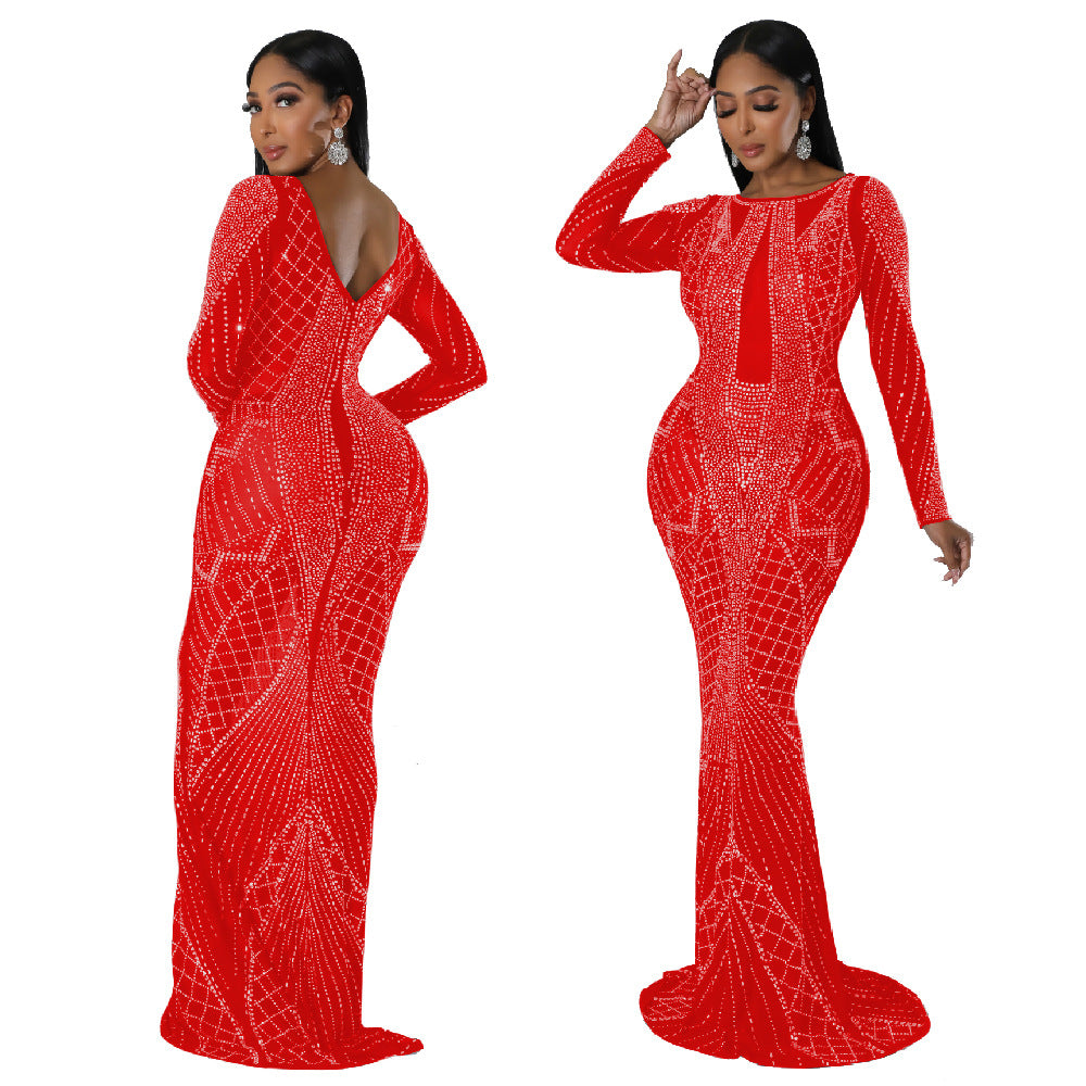 Fashion Autumn Long Dress Beaded Low Back Sexy Evening Dress 8