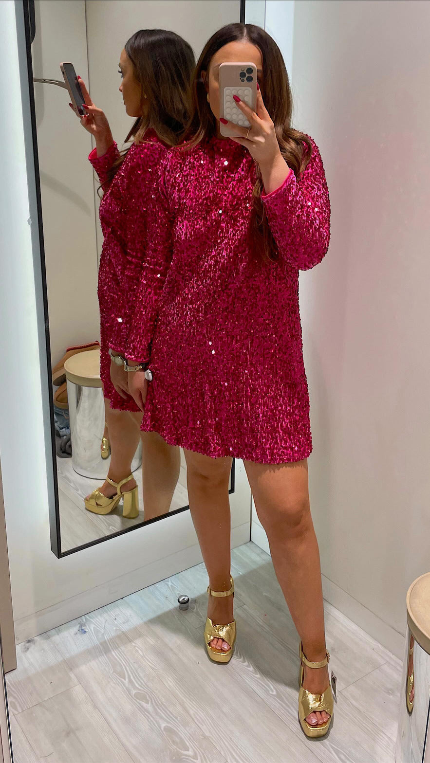 Autumn And Winter Women 's Round Neck Long Sleeve Loose Plus Size Sexy Sequin Short Dress 8