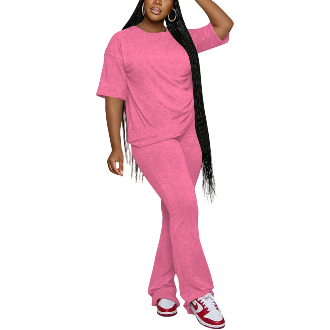 Women Casual Solid Round Neck Top and Pants Two-Piece Set 10