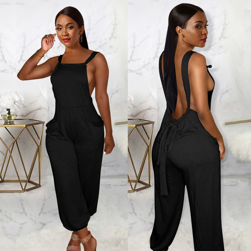 Lace-Up Sexy Women's Gray Low Back Trend Loose Suspenders Jumpsuit 3