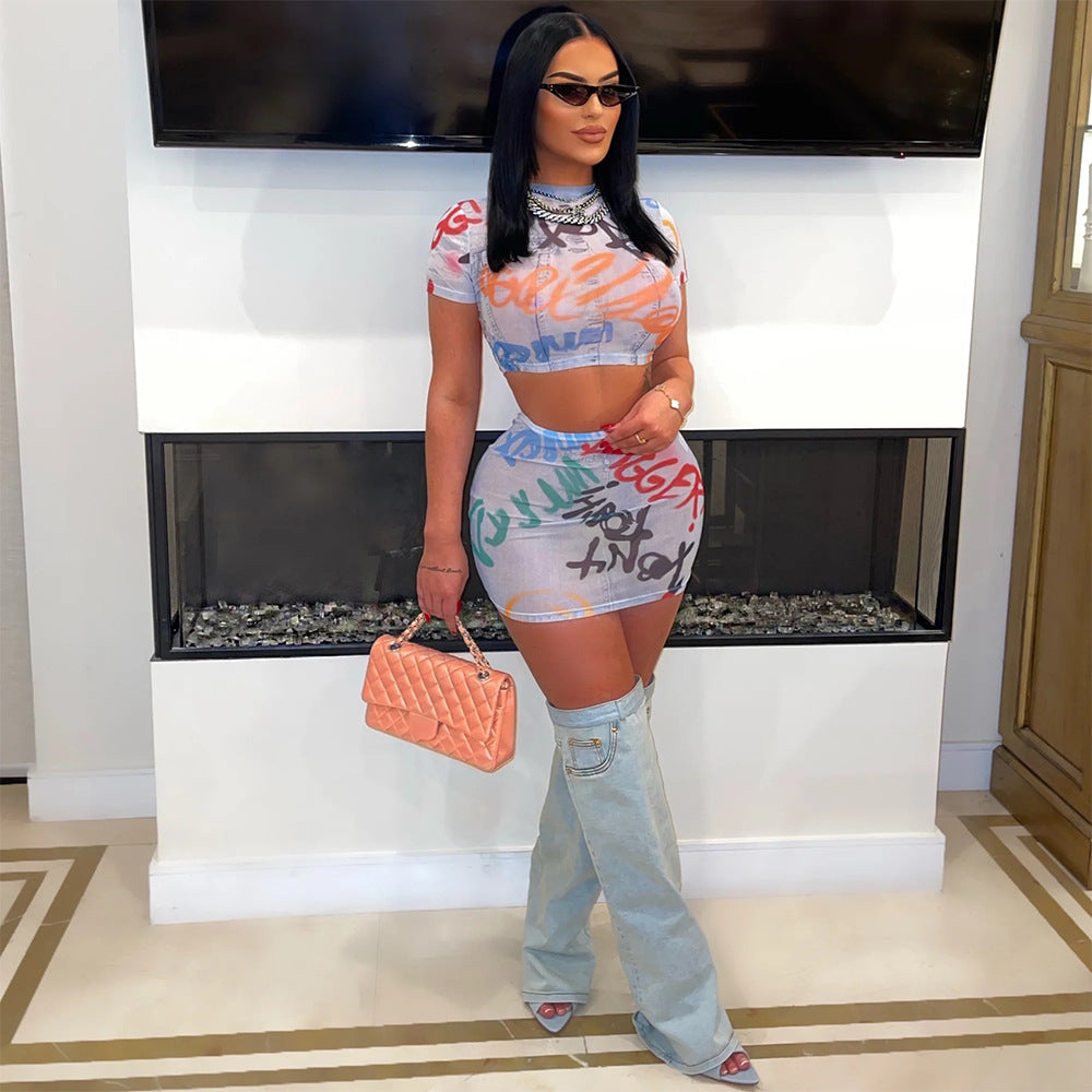 Fashion Printed Round Neck Short Sleeve Top Slim Short Skirt Sexy Two Piece Set