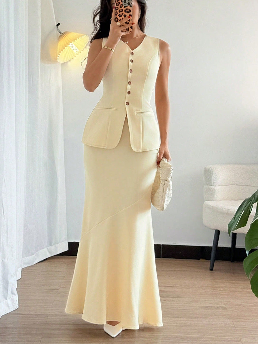 Women summer solid vest fishtail skirt two-piece set 3