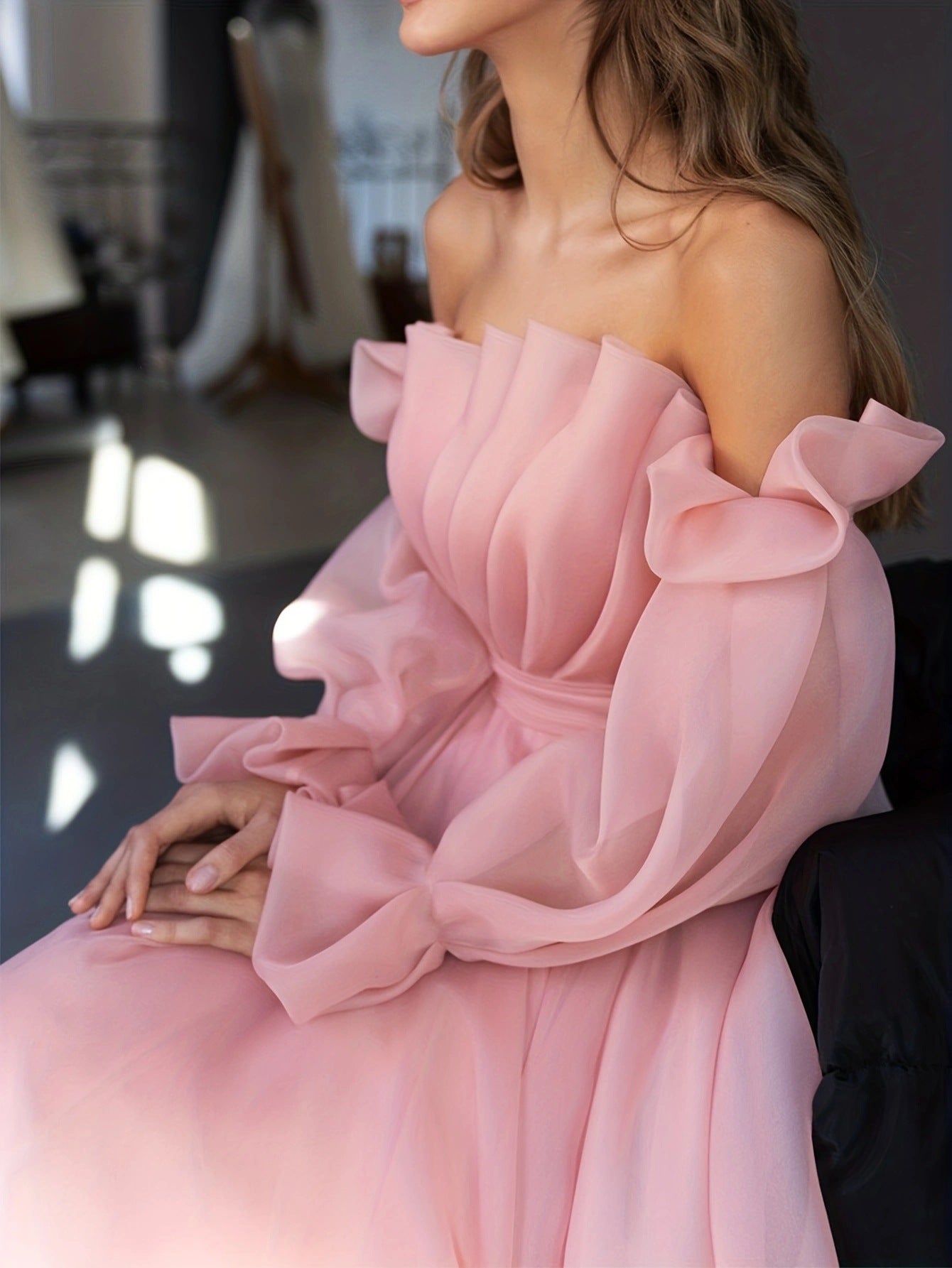 Plus Size Women's Off Shoulder Long Sleeve Solid Color A-Line Party Dress 4