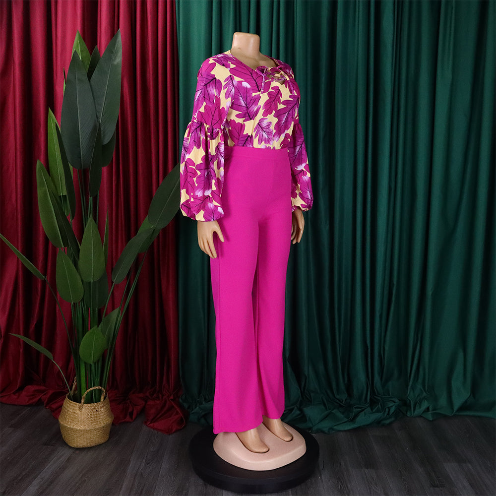 Plus Size Women's Fashion Print Lace-Up Top Wide Leg Pants Two-Piece Set 17