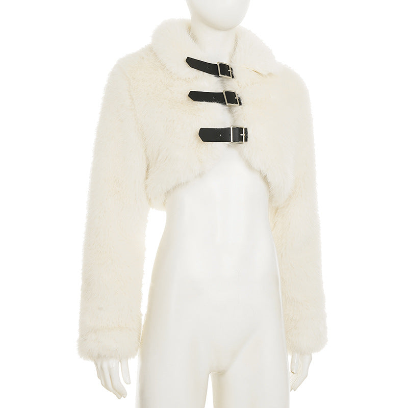 Women fall/winter faux furry metal Pu-Leather buttoned turndown collar top 8