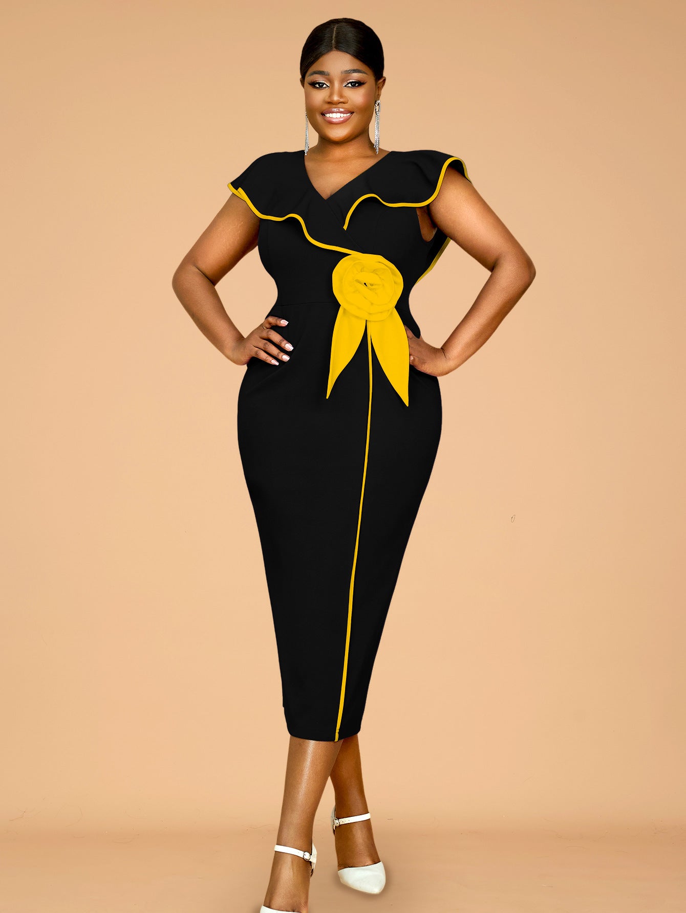 Plus-Size Contrast Flower Ruffle Sleeve Elegant Chic Formal Party Dress 34