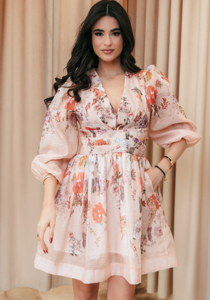 V neck Floral Print High Waist Pleated Holidays Short Dress for Women