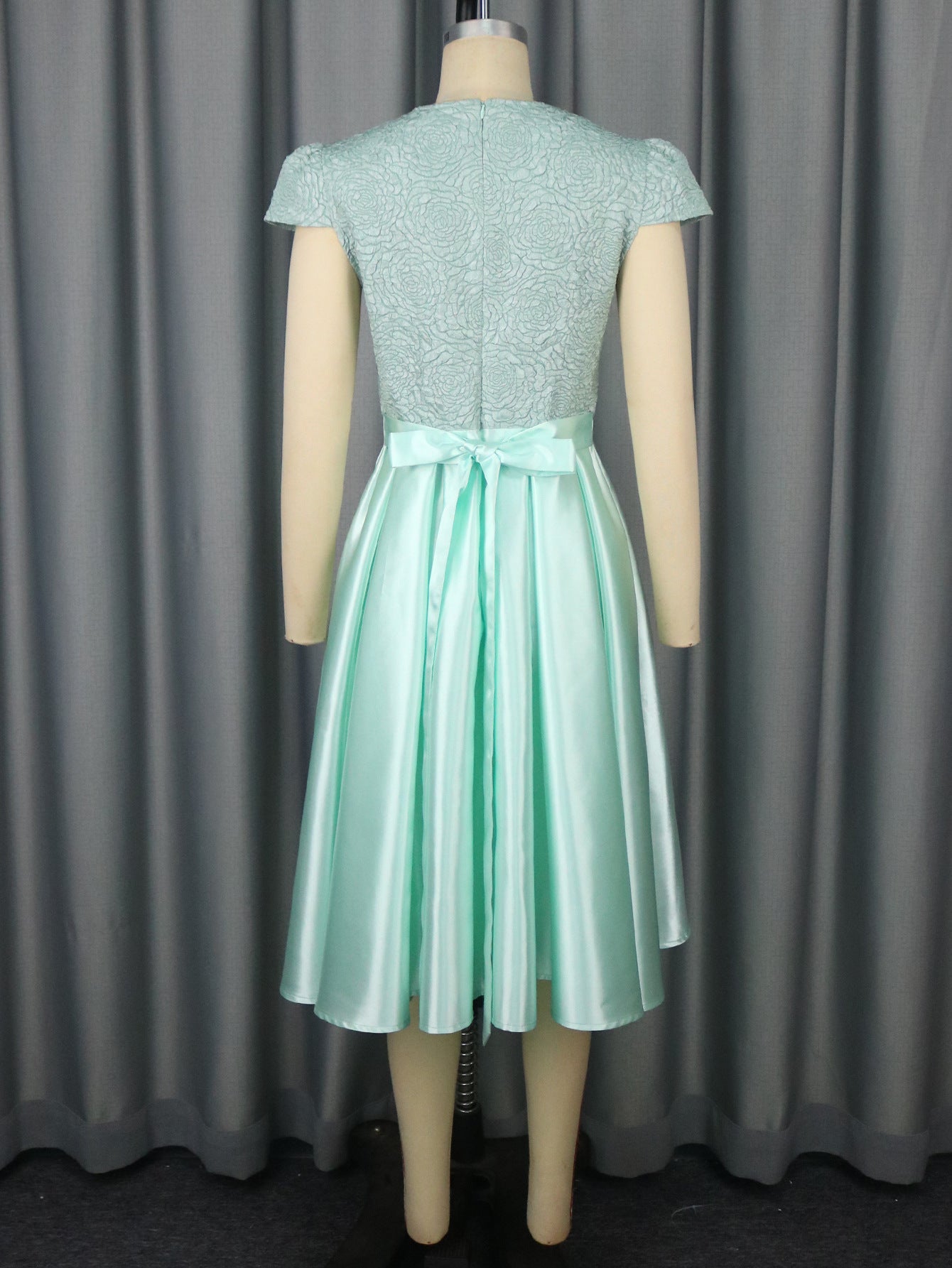 Summer Round Neck Rose Jacquard Bridesmaid Dress Bow Lace-Up Elegant Party Gown 10