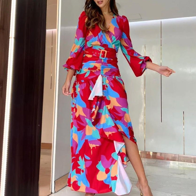 Spring women's retro printed deep v slit slim-fit long dress 5