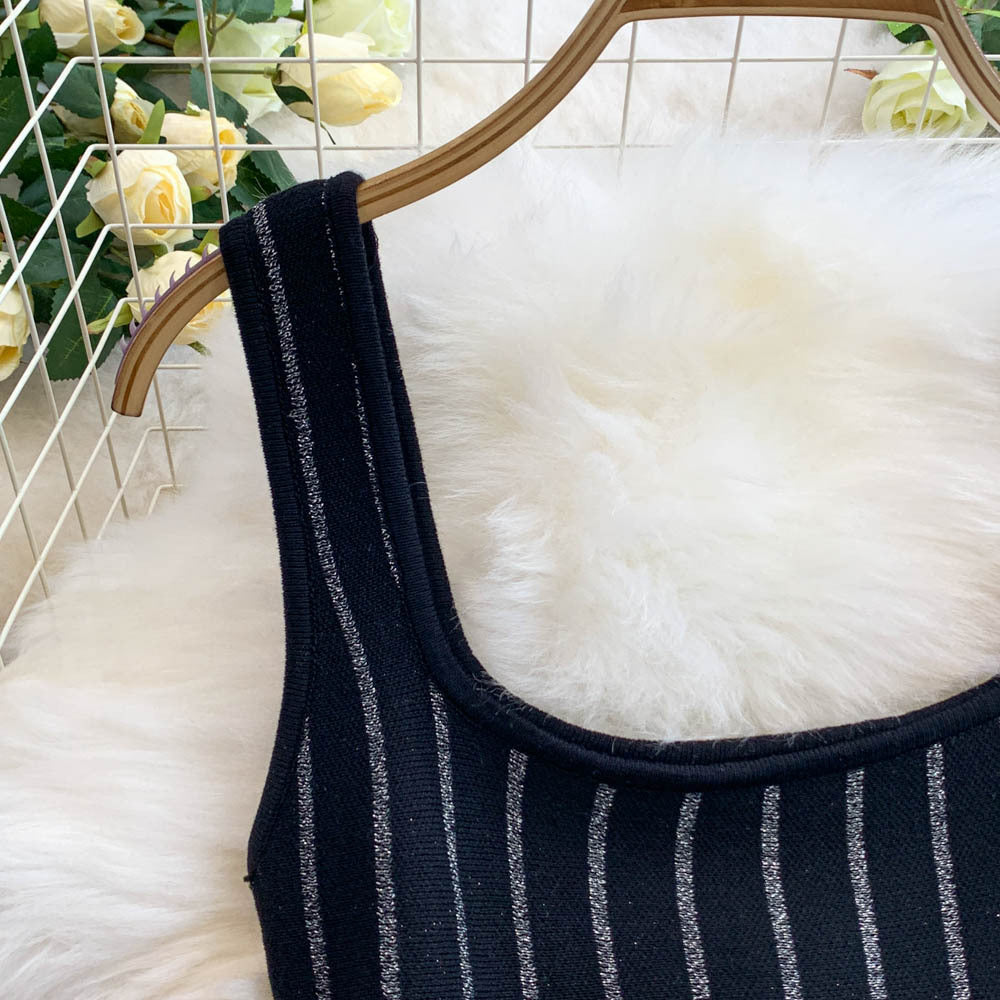 Chic Elegant Stripes Slim Waist Strap Knitting A-line Short Dress for Women 8