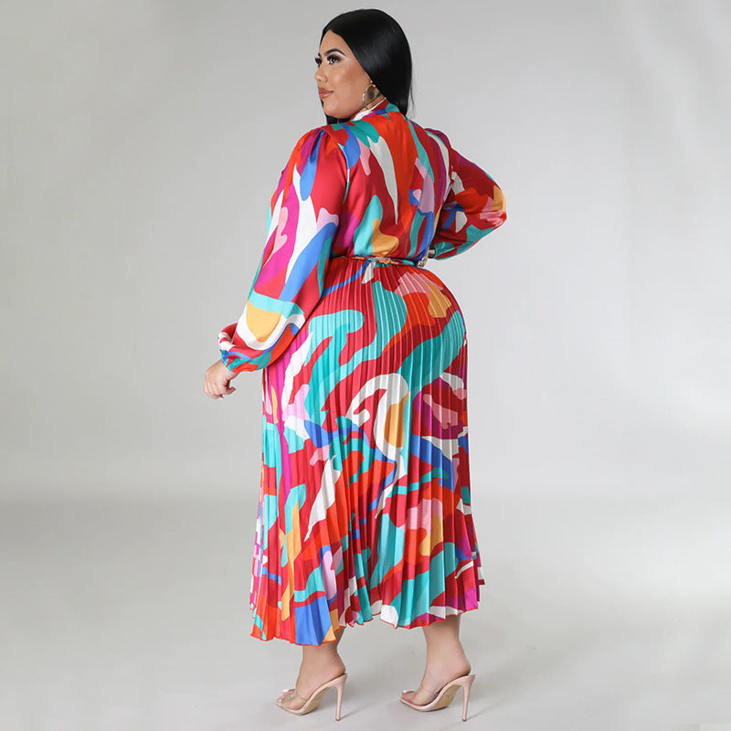 Plus Size Women Lace-Up Long Sleeve Printed Pleated Dress 15