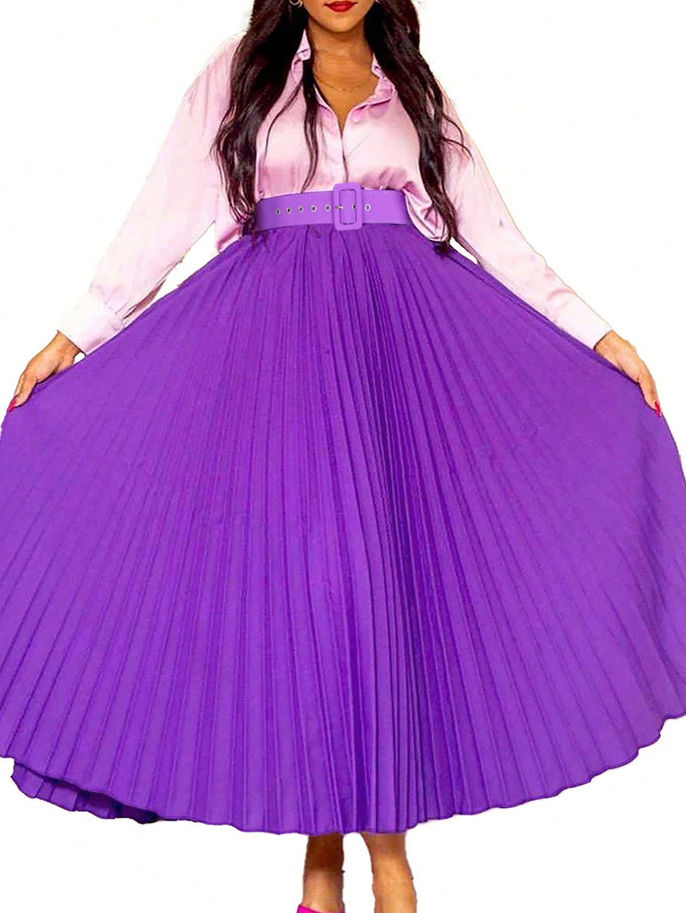 Women's Fashion Elegant Belted Plus Size Long Pleated Skirt 4