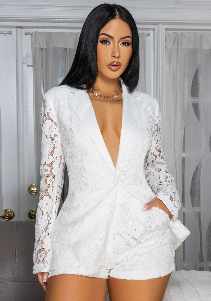 Women Elegant Lace V-Neck See-Through Blazer and Shorts Two-Piece Set