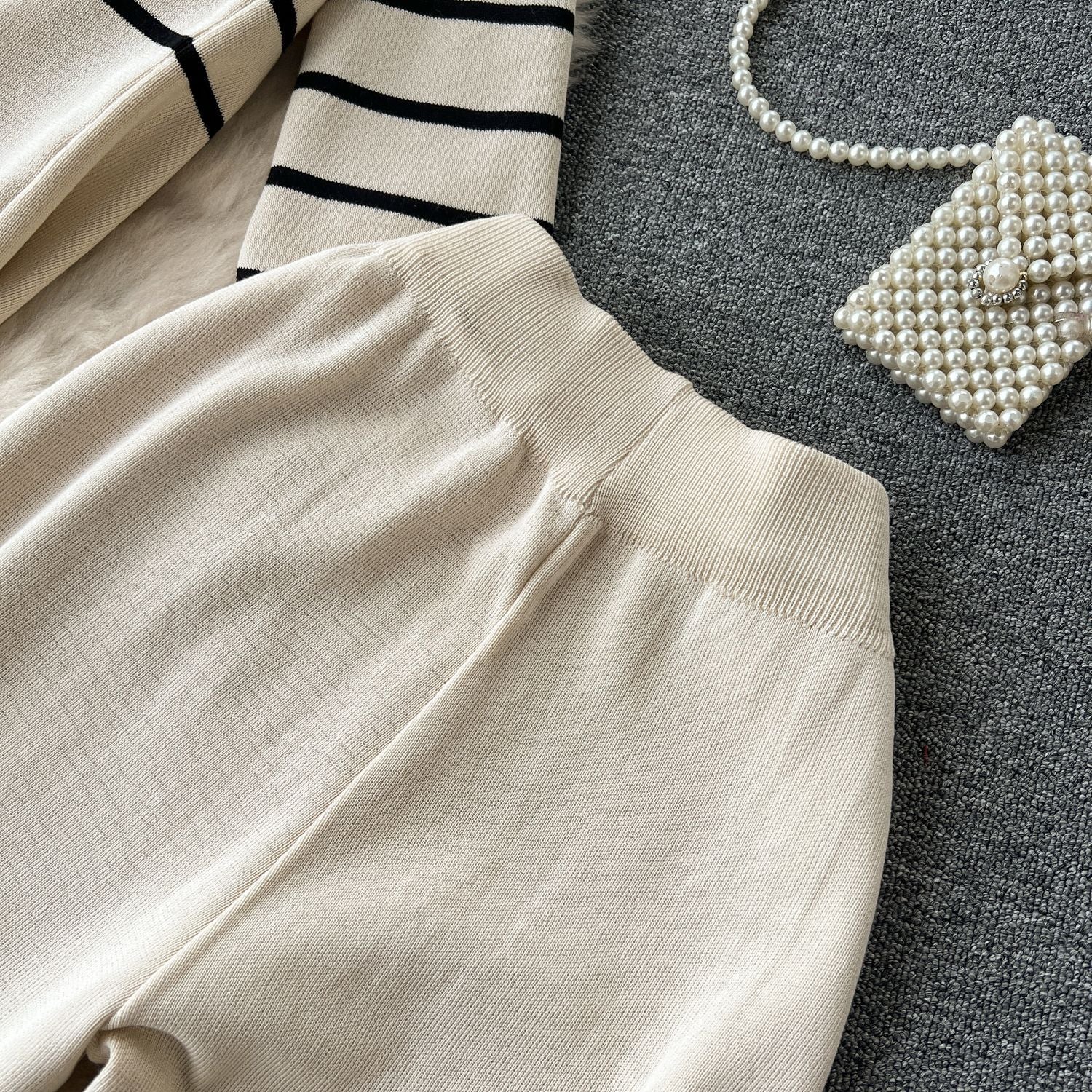 Women Casual V Neck Striped Knitting Top and Pants Two-piece Set 21