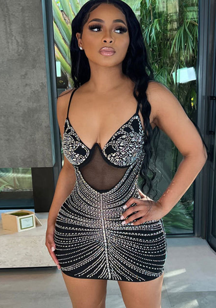 Sexy Beaded Strap Dress Nightclub Wear