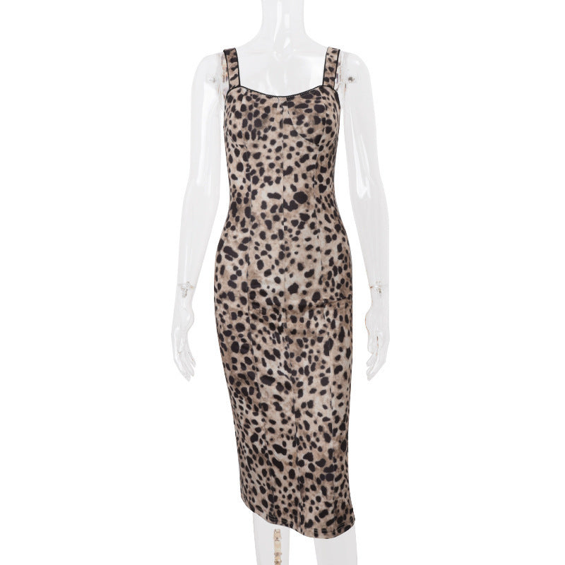 Women Spring Summer U-neck Sexy Leopard Strap Dress 6