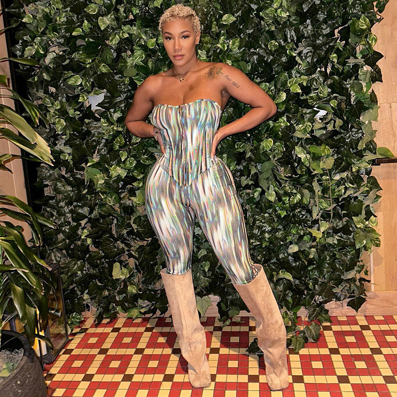 Women spring and summer Strapless off-shoulder zipper tie-dye top and pants two-piece set 3