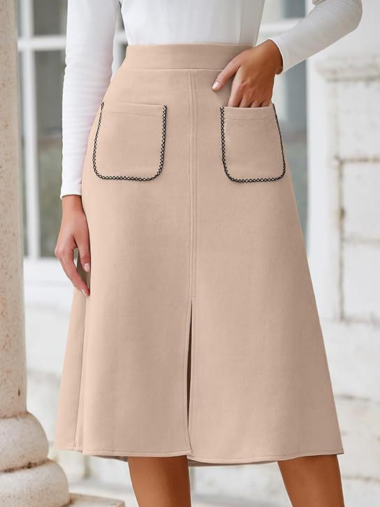 Women's Faux Suede Autumn And Winter Elastic Waist Front Pocket A-Line Midi Skirt