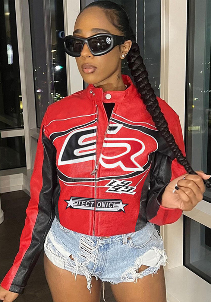 Autumn Winter Sexy Zipper Top Contrast Embroidery Short Fashion Jacket