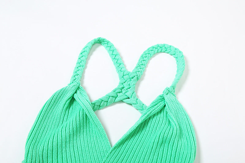 Women's Summer Sexy Solid Color V-Neck Hollow-out Knitting Fringe Side Slit Dress 12