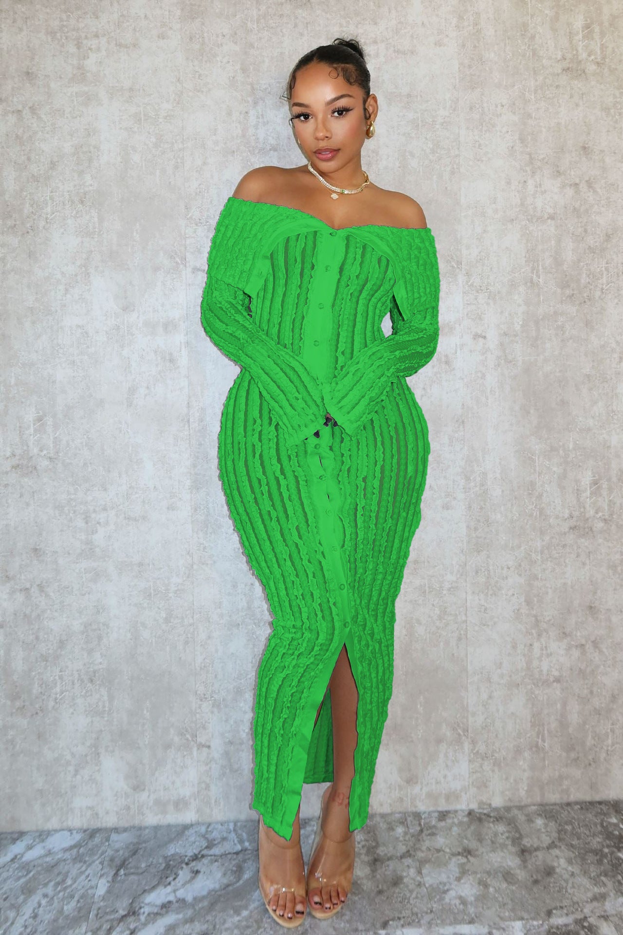 Women's Spring And Summer Sexy Turndown Collar Off Shoulder Long Sleeve Dress 14