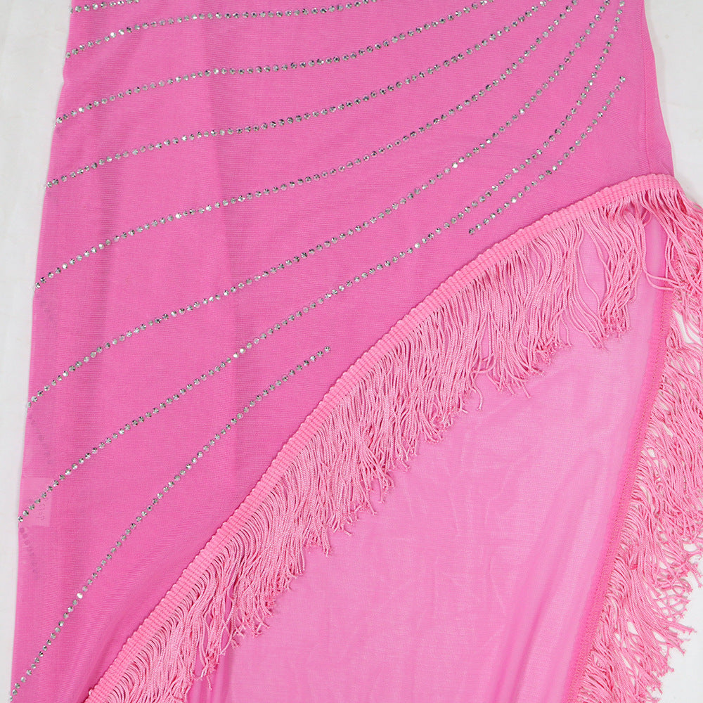 Sexy Solid Color Beaded Slash Shoulder Tassel Irregular Dress For Women 16