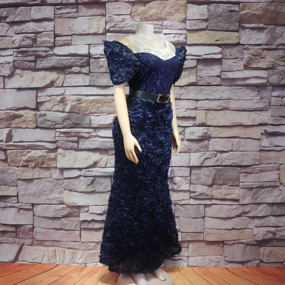 African Women's Dress Luxury Embroidery Off Shoulder Mesh Beaded Belted Evening Dress 15