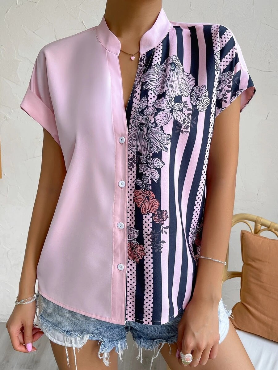Women Contrast Floral Button Short Sleeve Shirt 17