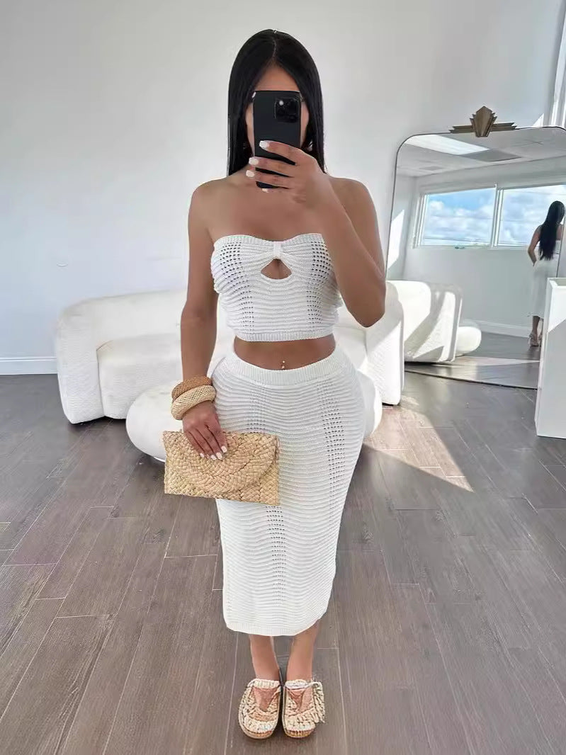 Women's Knitting Strapless crop top long Skirt two piece Set