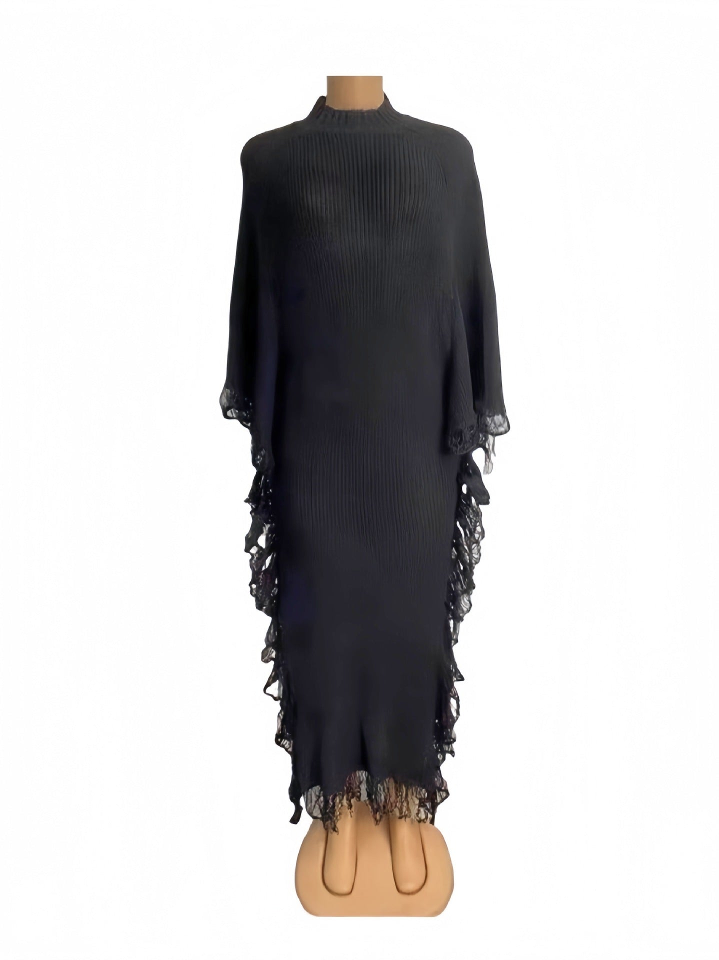 Crochet Fringe Solid Color Round Neck Bat Sleeve Long Knit Dress 6