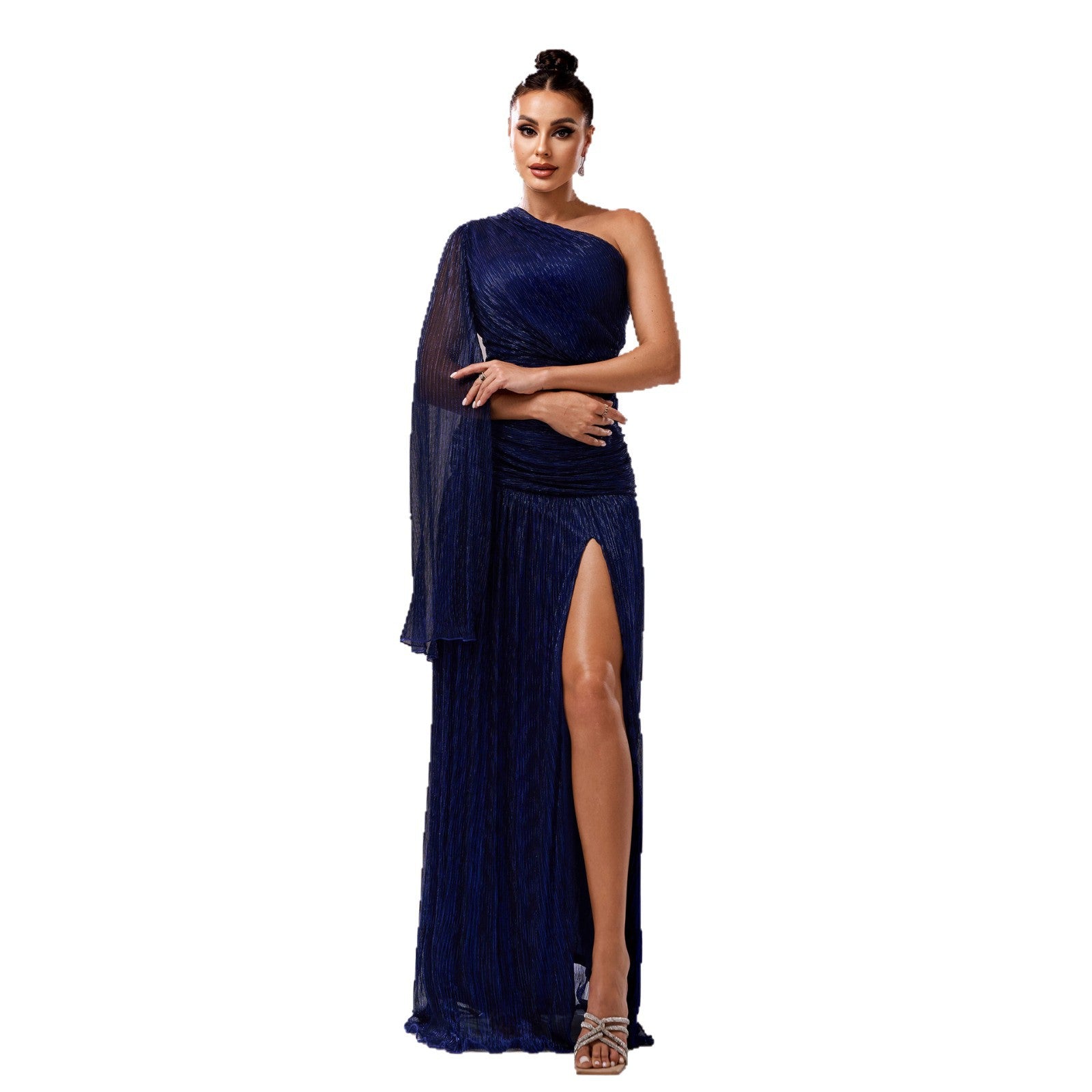 Women One-Shoulder Slash Shoulder Long Sleeve Slit Formal Party Evening Dress 8