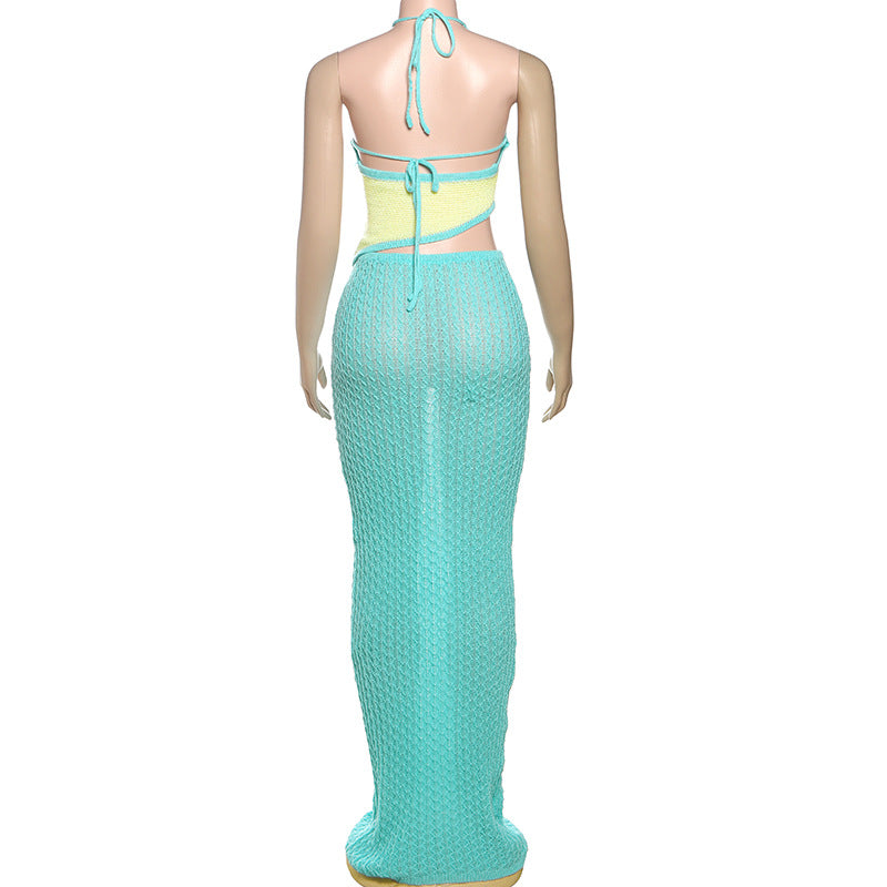 Women Summer Sexy Contrast Halter Neck Camisole Knitting Cutout Skirt Two-Piece Set 7