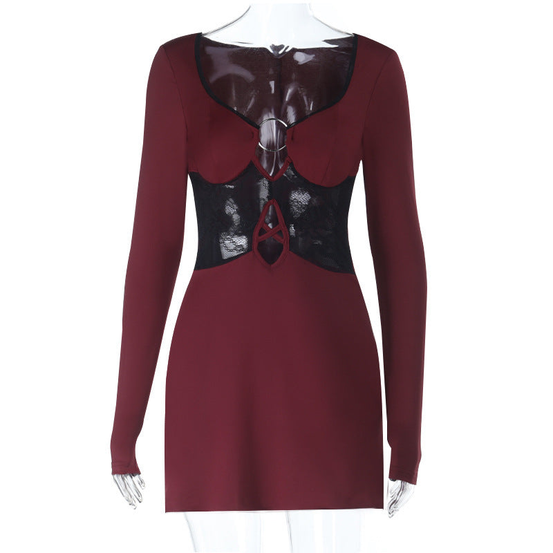 Women Fall/Winter Sexy Cutout Lace Patchwork Long-sleeved dress 7