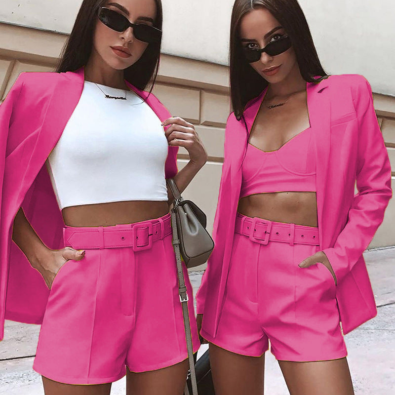 Women fashion Blazer+Shorts with belt Two-piece 21
