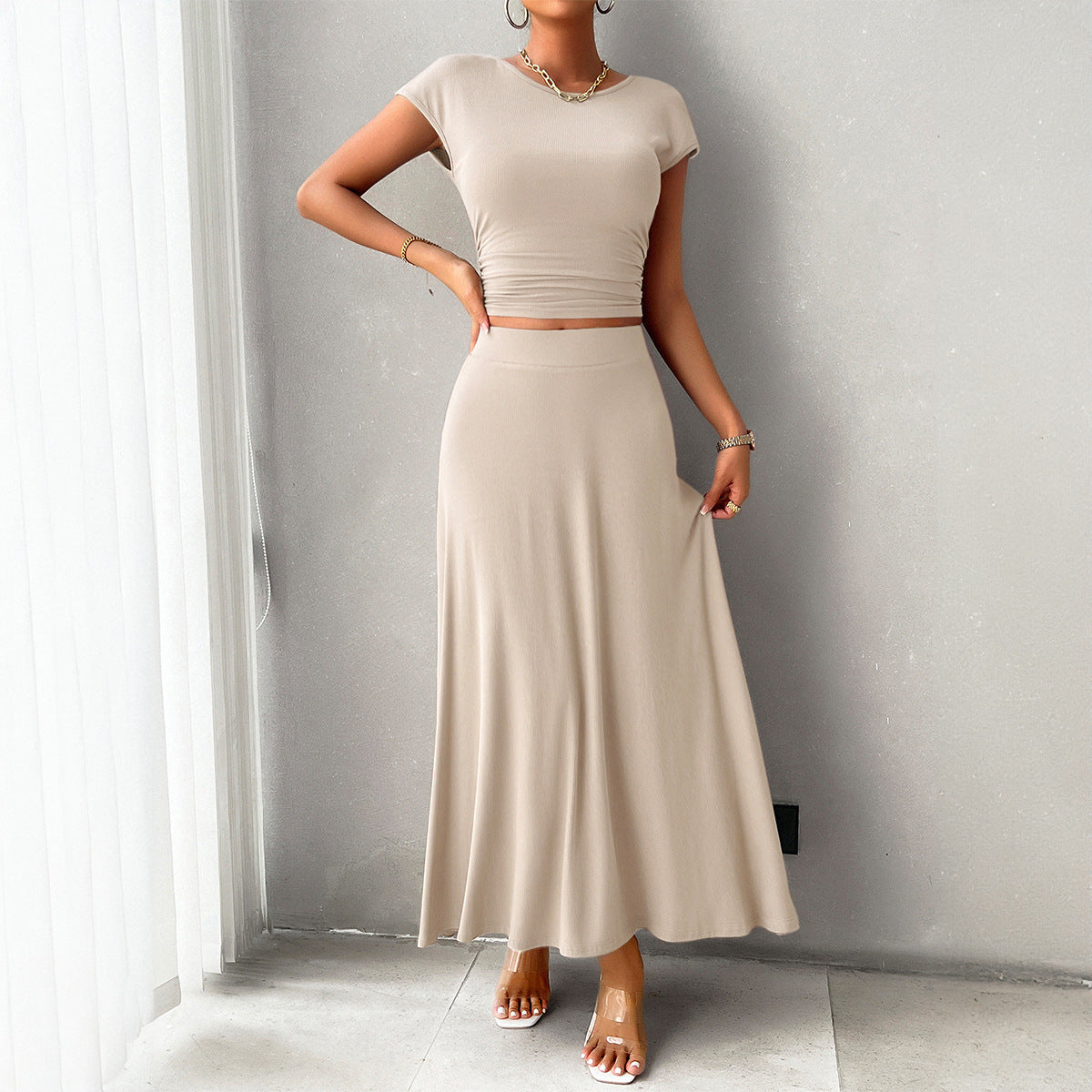 Spring Summer Short-Sleeved Women's Chic Solid Color Two Piece Skirt Set 10